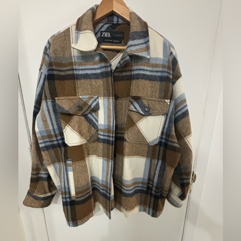 ZARA Wool Blend Plaid Brown & Blue Overshirt Shacket Jacket w/Pockets Size L